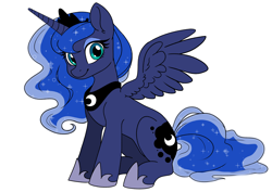 Size: 7016x4961 | Tagged: safe, artist:derpydoodesigns, princess luna, alicorn, pony, g4, ethereal mane, ethereal tail, female, happy, hoof shoes, horn, jewelry, mare, peytral, princess, simple background, sit, sitting, smiling, solo, spread wings, tail, tiara, white background, wings