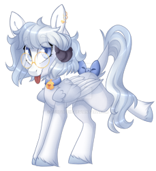 Size: 1280x1397 | Tagged: safe, artist:furtoodie, oc, oc only, oc:snow pup, pegasus, pony, bell, bell collar, bow, collar, concave belly, deviantart watermark, female, glasses, horns, mare, obtrusive watermark, simple background, solo, tail, tail bow, tongue out, transparent background, watermark