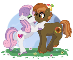 Size: 7480x6155 | Tagged: safe, artist:liv-and-b-merry, button mash, sweetie belle, earth pony, pony, unicorn, absurd resolution, blushing, buttonbetes, cheek kiss, cloven hooves, colt, cute, diasweetes, duo, duo male and female, eyeshadow, female, filly, flower, foal, grass, hat, horn, hug, kissing, makeup, male, propeller hat, redraw, ship:sweetiemash, shipping, simple background, straight, transparent background