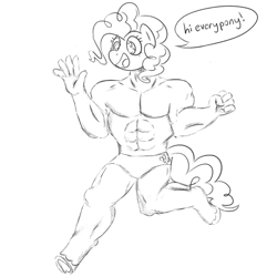 Size: 1920x1920 | Tagged: safe, artist:_butterscotch, pinkie pie, earth pony, anthro, unguligrade anthro, g4, bubble berry, buff, cursed image, dialogue, male, monochrome, muscles, pinkie pump, rule 63, sketch, speech bubble