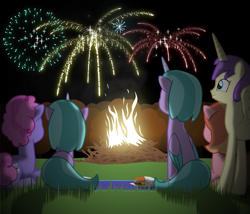 Size: 1537x1317 | Tagged: safe, artist:equestriaexploration, alula, periwinkle pi, pluto, princess erroria, shiny sparks, strawberry blonde, sugarpuff lilac, alicorn, earth pony, pony, g4, g5, female, fire, fireworks, lying down, mare, outdoors, prone