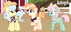 Size: 1280x575 | Tagged: safe, artist:vi45, oc, oc only, earth pony, pony, unicorn, apple, apple tree, barn, braid, clothes, cowprint, female, fence, hat, horn, mare, outdoors, sweet apple acres, tree, trio, vest