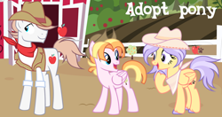 Size: 1280x675 | Tagged: safe, artist:vi45, oc, oc only, earth pony, pegasus, pony, apple, apple tree, clothes, female, fence, hat, male, mare, outdoors, stallion, sweet apple acres, tree, trio, vest