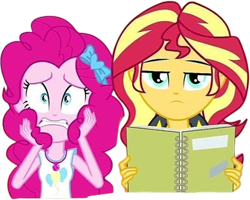 Size: 3151x2520 | Tagged: safe, edit, edited screencap, editor:mrtoonlover83, screencap, pinkie pie, sunset shimmer, equestria girls, g4, background removed, duo, duo female, female, looking at you, needs more jpeg, not a vector, simple background, transparent background