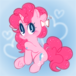 Size: 848x848 | Tagged: safe, artist:cutiesparke, pinkie pie, pony, unicorn, g4, :o, alternate cutie mark, alternate hairstyle, blushing, bow, cute, diapinkes, ear fluff, female, gradient background, heart, hoof heart, looking up, open mouth, race swap, sitting, solo, sparkles, sparkly eyes, sparkly mane, underhoof, unicorn pinkie pie, wingding eyes