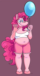 Size: 828x1571 | Tagged: safe, artist:beastofeuthanasia, pinkie pie, earth pony, anthro, unguligrade anthro, g4, balloon, belly, belly button, breasts, busty pinkie pie, chubby, clothes, female, midriff, shirt, shorts, smiling, solo, waving