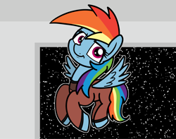 Size: 2048x1614 | Tagged: safe, artist:ewoudcponies, rainbow dash, pegasus, pony, g4, clothes, flying, looking at you, smiling, smiling at you, solo, space, spaceship, spread wings, uniform, wings