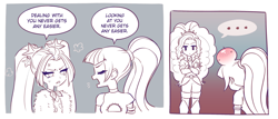 Size: 1620x694 | Tagged: safe, artist:rileyav, adagio dazzle, aria blaze, sonata dusk, human, equestria girls, g4, ..., 2 panel comic, angry, comic, cross-popping veins, crossed arms, dialogue, emanata, female, head lump, monochrome, open mouth, speech bubble, sweat, the dazzlings, trio