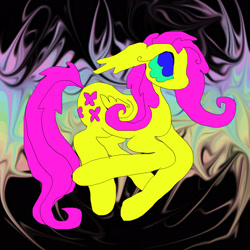 Size: 2048x2048 | Tagged: safe, artist:larvaecandy, fluttershy, pegasus, pony, g4, abstract background, alternate eye color, big eyes, blue eyes, colored, colored sclera, curly eyelashes, eyelashes, female, flat colors, floppy ears, folded wings, green sclera, high res, long ears, long legs, mare, multicolored background, no catchlights, no mouth, no pupils, pink mane, pink tail, profile, rainbow background, saturated, small wings, solo, tail, wings, yellow coat