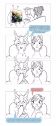 Size: 1840x4096 | Tagged: safe, artist:opalacorn, oc, oc only, oc:frost bite, oc:void, deer, deer pony, hybrid, original species, pegasus, pony, comic, dialogue, duo, duo male and female, eating, elf (movie), female, food, grayscale, hair bun, laurel wreath, male, mare, mole, monochrome, nose piercing, nose ring, partial color, piercing, popcorn, simple background, speech bubble, sweat, sweatdrop, television, white background