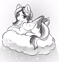 Size: 2400x2506 | Tagged: safe, artist:opalacorn, oc, oc only, oc:frozen fractal, pegasus, pony, black and white, bow, cloud, female, grayscale, hair bow, looking at you, looking back, looking back at you, lying down, lying on a cloud, mare, monochrome, on a cloud, prone, snow, snowfall, solo, tail, tail bow