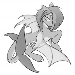 Size: 2400x2400 | Tagged: safe, artist:opalacorn, oc, oc only, oc:specter, original species, black and white, grayscale, hair over one eye, monochrome, shark bat, simple background, solo, spread wings, white background, wings