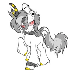 Size: 1200x1200 | Tagged: safe, artist:opalacorn, oc, oc only, oc:keenan, kirin, choker, cloven hooves, commission, ear piercing, earring, grayscale, horn, horn jewelry, jewelry, kirin oc, lip piercing, monochrome, partial color, piercing, red sclera, simple background, snake bites, solo, spiked wristband, studded choker, white background, wristband