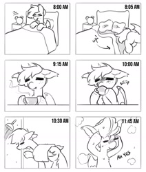 Size: 1602x1889 | Tagged: safe, artist:opalacorn, oc, oc only, oc:selena (reddthebat), bat pony, pony, bat pony oc, bed, black and white, comic, commission, cup, drink, drinking, food, freckles, grayscale, in bed, monochrome, no dialogue, shower, simple background, solo, tea, teacup, towel, towel on head, white background