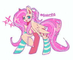 Size: 1763x1448 | Tagged: safe, artist:emoboy130, fluttershy, pegasus, pony, g4, :3, accessory, alternate hairstyle, alternate mane color, alternate tail color, bow, bracelet, clothes, colored hooves, colored pinnae, ear fluff, eyelashes, female, filter, folded wings, hair accessory, hair bow, hairclip, hooves, jewelry, long mane, long socks, long tail, looking at you, mane accessory, mane clip, mare, multicolored mane, multicolored tail, open mouth, open smile, outline, pearl bracelet, pink hooves, pink mane, pink tail, pink text, ponytail, raised hoof, shiny hooves, signature, simple background, smiling, smiling at you, socks, solo, sparkles, sparkly mane, sparkly tail, standing, standing on three hooves, striped mane, striped socks, striped tail, tail, tail accessory, tail clip, teal eyes, three quarter view, tied mane, white background, white bow, wings, yellow coat