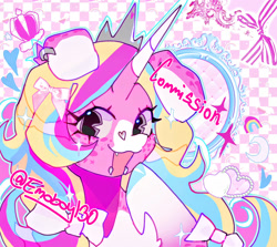 Size: 1987x1775 | Tagged: safe, artist:emoboy130, oc, oc only, oc:minkly twinkly, dog, dog pony, original species, unicorn, bow, bridge piercing, bust, checkered background, coat markings, collage, colored eartips, colored hooves, colored horn, colorful, commission, crescent moon, crown, dog ears, ear markings, ear piercing, earring, eye clipping through hair, eyelashes, facial markings, fairy kei, floating crown, floating heart, gradient legs, gray eyes, hair accessory, hair bow, heart, heart mark, hooves, horn, jewelry, lip piercing, long horn, long mane, mane accessory, mirror, moon, open mouth, open smile, outline, piercing, pink coat, pink text, ponysona, raised hoof, regalia, shiny hooves, shiny mane, signature, smiling, snake bites, snip (coat marking), socks (coat markings), solo, sparkles, star mark, stars, three quarter view, three toned ears, three toned mane, two toned horn, unicorn horn, unicorn oc, white bow