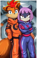 Size: 1999x3160 | Tagged: safe, artist:pridark, oc, oc only, oc:fireheart(fire), oc:nurse lavender blossom, mobian, anthro, alternate universe, barely pony related, breasts, clothes, couple, cute, female, fireheart76's latex suit design, furry, gloves, indoors, latex, latex gloves, latex suit, male, prisoners of the moon, rubber, rubber gloves, rubber suit, sonic the hedgehog (series), sonicified, species swap