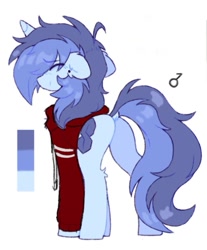 Size: 1013x1221 | Tagged: safe, artist:flixanoa, oc, oc only, oc:fef, unicorn, ahoge, bags under eyes, blue coat, blush lines, blushing, clothes, color palette, cool s, demiboy, demiboy symbol, dock, ear fluff, ear piercing, earring, eye clipping through hair, eyebrows, eyebrows visible through hair, eyes closed, floppy ears, fluffy mane, fluffy tail, gauges, hock fluff, hoodie, horn, jewelry, light blue coat, long mane male, long tail, piercing, ponysona, profile, rear view, red hoodie, reference sheet, shaggy mane, shiny mane, shiny tail, simple background, smiling, standing, tail, two toned mane, two toned tail, unicorn oc, white background