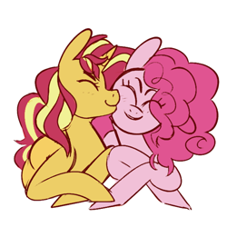 Size: 600x600 | Tagged: safe, artist:lapis, color edit, edit, pinkie pie, sunset shimmer, g4, cheek kiss, colored, cute, duo, duo female, female, kissing, lesbian, ship:sunsetpie, shipping, simple background, white background