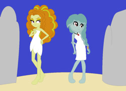 Size: 882x642 | Tagged: safe, artist:heartpawphoenix16, adagio dazzle, oc, oc:turquesa, human, comic:the siren and the seamare, equestria girls, g4, duo, female, gem, rock, siren gem, white dress