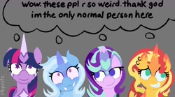 Size: 1072x594 | Tagged: safe, artist:toothpaste_spl, starlight glimmer, sunset shimmer, trixie, twilight sparkle, alicorn, pony, unicorn, g4, counterparts, fangs, grin, horn, hypocrisy, markings, meme, meme reference, ponified meme, redesign, smiling, twilight sparkle (alicorn), twilight's counterparts