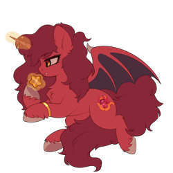 Size: 2000x2000 | Tagged: safe, artist:alunedoodle, oc, oc only, oc:wyldfyre, alicorn, bat pony, pony, bat wings, bracelet, chest fluff, fangs, female, glowing, glowing horn, horn, jewelry, solo, stars, unshorn fetlocks, wings