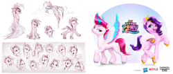 Size: 2560x1092 | Tagged: safe, artist:celia kaspar, boulder media, pipp petals, zipp storm, pegasus, pony, g5, my little pony: a new generation, official, boulder media logo, concept art, female, hasbro, hasbro logo, logo, mare, my little pony logo, my little pony: a new generation logo, netflix, netflix logo, royal sisters (g5), siblings, sisters