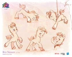 Size: 2492x1985 | Tagged: safe, artist:celia kaspar, boulder media, hitch trailblazer, earth pony, pony, g5, my little pony: a new generation, official, badge, boulder media logo, cliff, colt, colt hitch trailblazer, concept art, cute, foal, freckles, harness, hasbro, hasbro logo, hitchbetes, logo, male, my little pony logo, my little pony: a new generation logo, netflix, netflix logo, open mouth, sash, smiling, solo, tack, younger