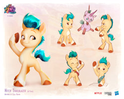 Size: 2492x1985 | Tagged: safe, artist:celia kaspar, boulder media, hitch trailblazer, earth pony, pony, unicorn, g5, my little pony: a new generation, official, badge, blank flank, boulder media logo, colt, colt hitch trailblazer, concept art, cute, dummy, eyes closed, foal, hasbro, hasbro logo, hitchbetes, logo, male, my little pony logo, my little pony: a new generation logo, netflix, netflix logo, raised hoof, salute, sash, smiling, solo, unshorn fetlocks, younger