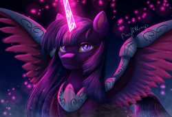 Size: 2273x1554 | Tagged: safe, artist:angelwingsmlpfim, twilight sparkle, alicorn, pony, g4, armor, colored pinnae, female, glowing, glowing horn, horn, looking at you, magic, mare, night, nightmare twilight, nightmarified, original style, peytral, signature, simple background, slit pupils, solo, spread wings, twilight sparkle (alicorn), wing armor, wings