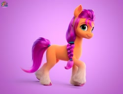 Size: 2280x1752 | Tagged: safe, artist:jonatancatalan, sunny starscout, earth pony, pony, g5, my little pony: a new generation, official, braid, coat markings, colored hooves, concave belly, concept art, eyebrows, female, fluffy, gradient background, logo, looking at you, mare, missing cutie mark, my little pony logo, my little pony: a new generation logo, raised hoof, slender, smiling, smiling at you, socks (coat markings), solo, standing, tail, tail band, teal eyes, thin, unshorn fetlocks