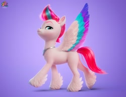 Size: 2280x1752 | Tagged: safe, artist:borja l-galiano, artist:jonatancatalan, part of a set, zipp storm, pegasus, pony, g5, my little pony: a new generation, official, 3d, colored wings, concave belly, concept art, eyebrows, feathered fetlocks, female, fluffy, hooves, jewelry, logo, looking at you, mare, multicolored wings, my little pony logo, my little pony: a new generation logo, necklace, peytral, regalia, simple background, slender, solo, spread wings, thin, unshorn fetlocks, wings