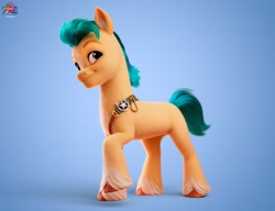 Size: 2280x1752 | Tagged: safe, artist:jonatancatalan, hitch trailblazer, earth pony, pony, g5, my little pony: a new generation, official, 3d, 3d model, blue background, brown eyes, colored hooves, concept art, cute, eyebrows, hitchbetes, logo, male, my little pony logo, my little pony: a new generation logo, raised hoof, sash, sheriff's badge, simple background, smiling, solo, stallion, standing, tail, unshorn fetlocks