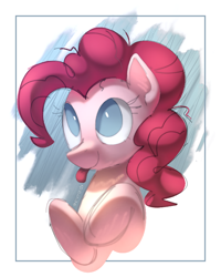 Size: 720x900 | Tagged: safe, artist:elviraidx, pinkie pie, earth pony, pony, g4, abstract background, bust, female, looking up, mare, out of frame, portrait, solo, tongue out, white pupils