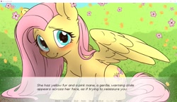 Size: 1917x1110 | Tagged: safe, artist:derpydoodesigns, fluttershy, pegasus, pony, g4, color, cute, daaaaaaaaaaaw, female, flower, game, general, mare, outdoors, shading, shyabetes, solo, sweet dreams fuel, visual novel, wholesome