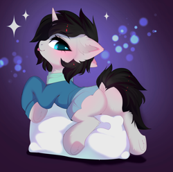 Size: 3800x3772 | Tagged: safe, artist:empress-twilight, oc, oc only, oc:cyan delta, pony, unicorn, :p, blushing, butt, clothes, commission, dock, ear fluff, eyebrows, eyebrows visible through hair, female, fluffy, gradient background, hoodie, horn, leg fluff, looking back, lying down, mare, pillow, plot, prone, raised tail, rule 63, scarf, skirt, smiling, solo, sparkles, tail, tongue out, underhoof, unicorn oc, ych result