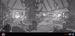 Size: 3600x1740 | Tagged: safe, artist:debbie yeo, boulder media, sunny starscout, earth pony, pony, g5, my little pony: a new generation, official, boulder media logo, concept art, female, globe, grayscale, hammock, hasbro, hasbro logo, living room, logo, mare, monochrome, my little pony logo, my little pony: a new generation logo, netflix, netflix logo, spiral stairs, sunny starscout's lighthouse, sunny's house, telescope