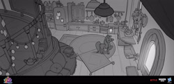 Size: 3600x1740 | Tagged: safe, artist:debbie yeo, boulder media, sunny starscout, earth pony, pony, g5, my little pony: a new generation, official, boulder media logo, concept art, female, grayscale, hasbro, hasbro logo, kitchen, logo, mare, monochrome, my little pony logo, my little pony: a new generation logo, netflix, netflix logo, sunny starscout's lighthouse, sunny's house