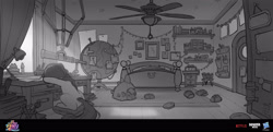 Size: 3600x1740 | Tagged: safe, artist:debbie yeo, boulder media, sunny starscout, earth pony, pony, g5, my little pony: a new generation, official, bed, bedroom, boulder media logo, concept art, desk, female, globe, grayscale, hasbro, hasbro logo, logo, mare, monochrome, my little pony logo, my little pony: a new generation logo, netflix, netflix logo, pet, sunny starscout's bedroom, sunny starscout's lighthouse, sunny's house, telescope