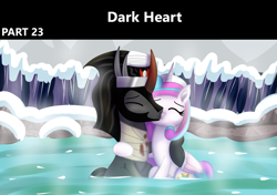 Size: 1920x1355 | Tagged: safe, artist:platinumdrop, king sombra, princess flurry heart, alicorn, pony, unicorn, comic:dark heart, g4, alternate timeline, bandage, blood, blushing, comic, commission, crown, crystal, crystal empire, cuddling, cute, dark crystal, duo, embrace, evil flurry heart, eyes closed, female, folded wings, horn, hot springs, husband and wife, injured, jewelry, kissing, love, male, mare, mountain, mountain range, older, older flurry heart, onsen, outdoors, regalia, rock, ship:flurrybra, shipping, sitting, snow, snuggling, stallion, straight, towel, victorious villain, wings