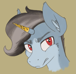 Size: 901x875 | Tagged: safe, artist:al solae, oc, oc only, oc:reaver, pony, unicorn, bust, glare, horn, horn cap, male, red eyes, solo, stallion, unicorn oc