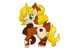 Size: 1503x1110 | Tagged: safe, artist:bun_burst, oc, oc only, oc:sugar snap, pony, unicorn, clothes, commission, horn, leg warmers, one eye closed, scarf, simple background, solo, white background