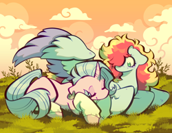 Size: 8000x6202 | Tagged: safe, artist:pewiowl, oc, oc:chiefy, oc:swift dash, pegasus, pony, unicorn, art, cuddling, digital art, horn, outdoors, sleeping, sunset