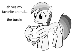 Size: 1205x892 | Tagged: safe, artist:anonymous, rainbow dash, pegasus, pony, tortoise, turtle, g4, drawthread, female, grayscale, mare, mispronunciation, monochrome, ponified manga, requested art, simple background, solo, white background, wing hands, wing hold, wings