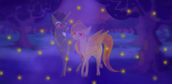 Size: 1240x604 | Tagged: safe, artist:tazzy-girl, discord, oc, oc:alice goldenfeather, firefly (insect), insect, pegasus, pony, g4, duo, duo male and female, female, horn, male, pony discord, red eyes, thin legs, tree