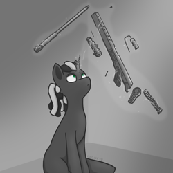 Size: 1000x1000 | Tagged: safe, artist:chgnk3r, oc, oc only, oc:tungsten shell, pony, unicorn, glowing, glowing horn, grayscale, green eyes, gun, horn, magic, magic aura, male, military, monochrome, ponies with guns, sitting, solo, stallion, telekinesis, weapon