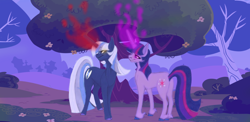 Size: 1240x604 | Tagged: safe, artist:tazzy-girl, twilight sparkle, oc, oc:silverlay, original species, pony, umbra pony, unicorn, g4, female, horn, magic, mare, unshorn fetlocks