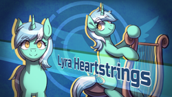 Size: 1920x1080 | Tagged: safe, artist:bkiltersot, lyra heartstrings, pony, unicorn, g4, danganronpa, female, front view, horn, lyre, mare, musical instrument, smiling, solo, text