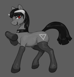 Size: 907x941 | Tagged: safe, artist:hadmyway, oc, oc only, oc:phalia, demon, demon pony, bedroom eyes, black mane, choker, clothes, demon horns, female, gray background, gray coat, hoof on chest, horns, looking at you, mare, open mouth, open smile, red eyes, simple background, smiling, solo, stockings, thigh highs