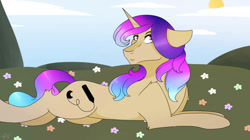 Size: 750x421 | Tagged: safe, artist:selcix, oc, oc only, oc:selena moon, pony, unicorn, cloud, day, female, floppy ears, flower, flower field, hill, horn, looking back, lying down, mare, prone, solo, sploot, sun, unicorn oc